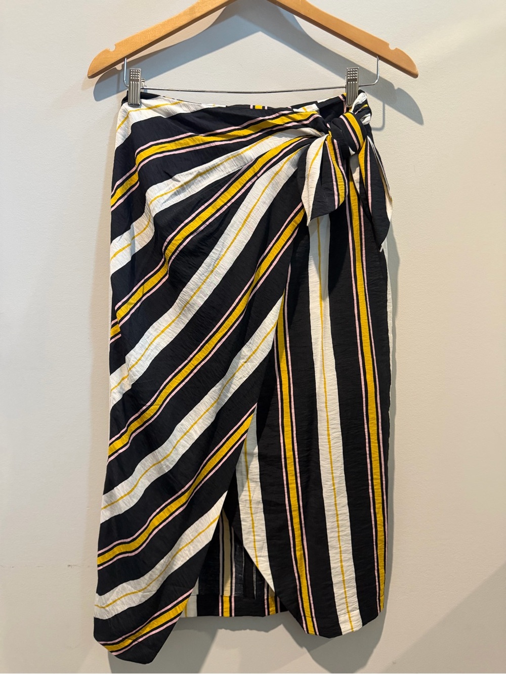 Banana Republic Black, White & Yellow Striped Midi Wrap Skirt